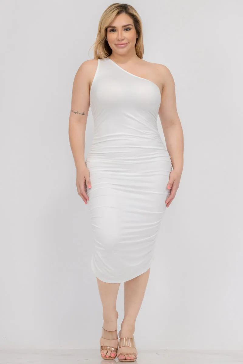 Plus Size Sexy Solid Color Ruched One Shoulder Midi Bodycon Dress (CAPELLA)