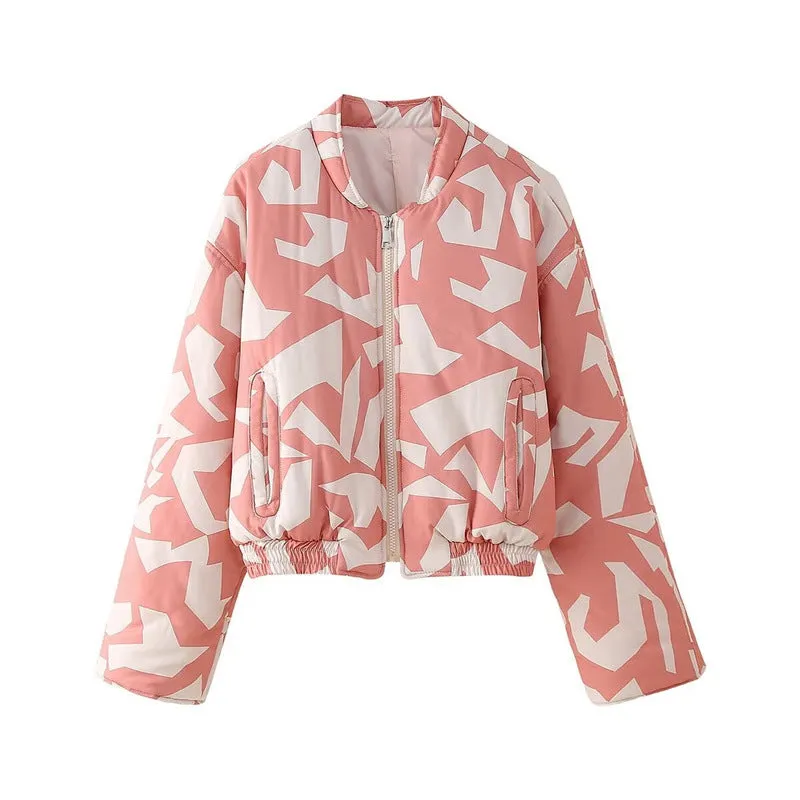 Pre Order:  Casual Round Neck Printed Zipper Cotton Jacket