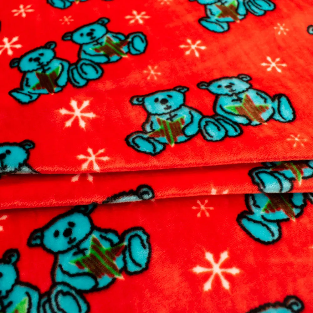 Printed Microfleece Ultra Wide 180cm Design-5 Christmas Blue Bear & Snow on Red