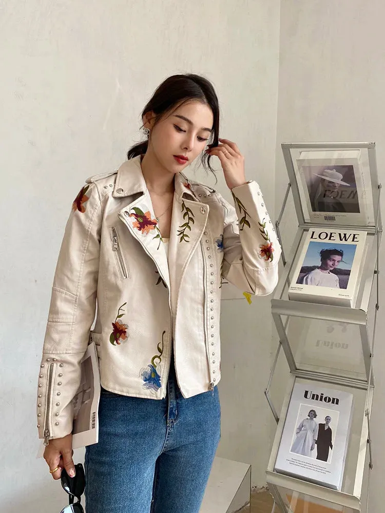 PU Leather Embroidered Rivet Coat Biker Streetwear Zipper Overcoat Women's Jackets Spring Clothes