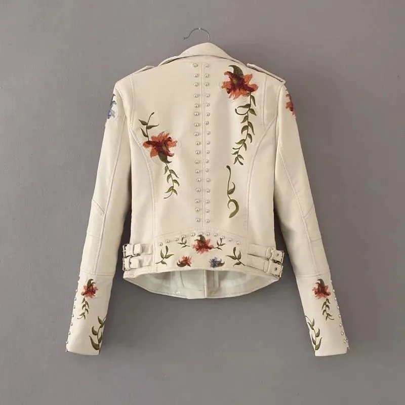 PU Leather Embroidered Rivet Coat Biker Streetwear Zipper Overcoat Women's Jackets Spring Clothes