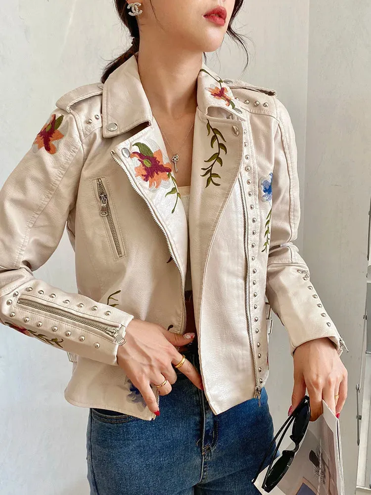 PU Leather Embroidered Rivet Coat Biker Streetwear Zipper Overcoat Women's Jackets Spring Clothes