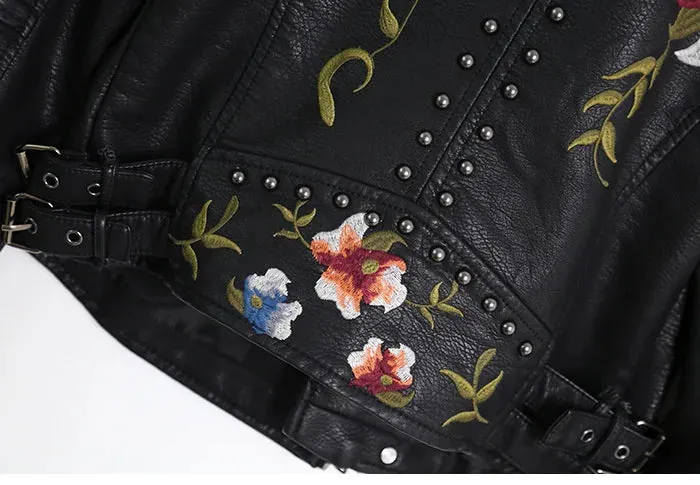 PU Leather Embroidered Rivet Coat Biker Streetwear Zipper Overcoat Women's Jackets Spring Clothes