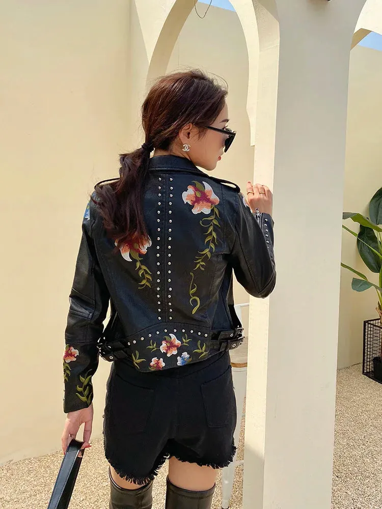 PU Leather Embroidered Rivet Coat Biker Streetwear Zipper Overcoat Women's Jackets Spring Clothes