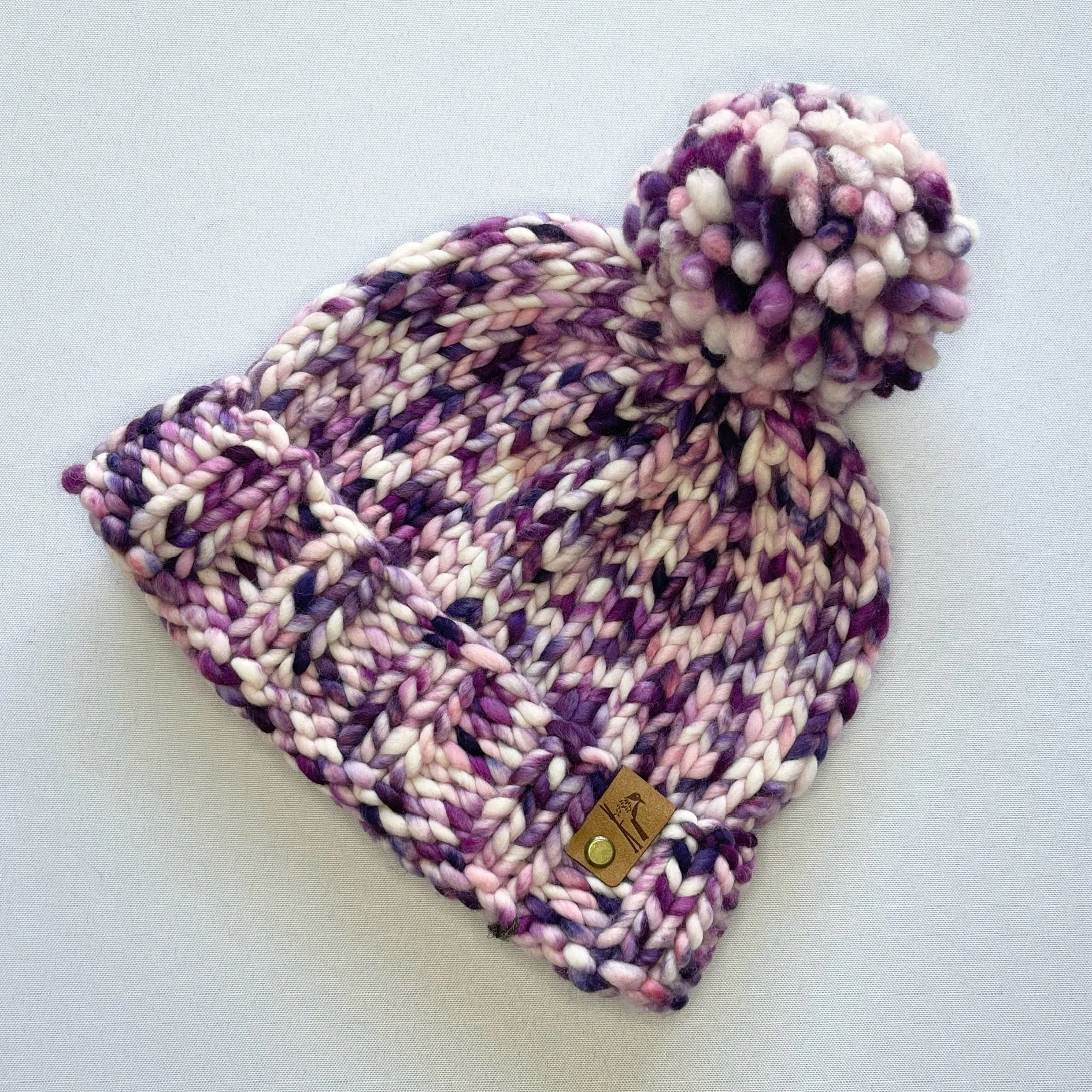 Purple and White Luxury Merino Wool Knit Hat with Matching Merino Wool Pom Pom