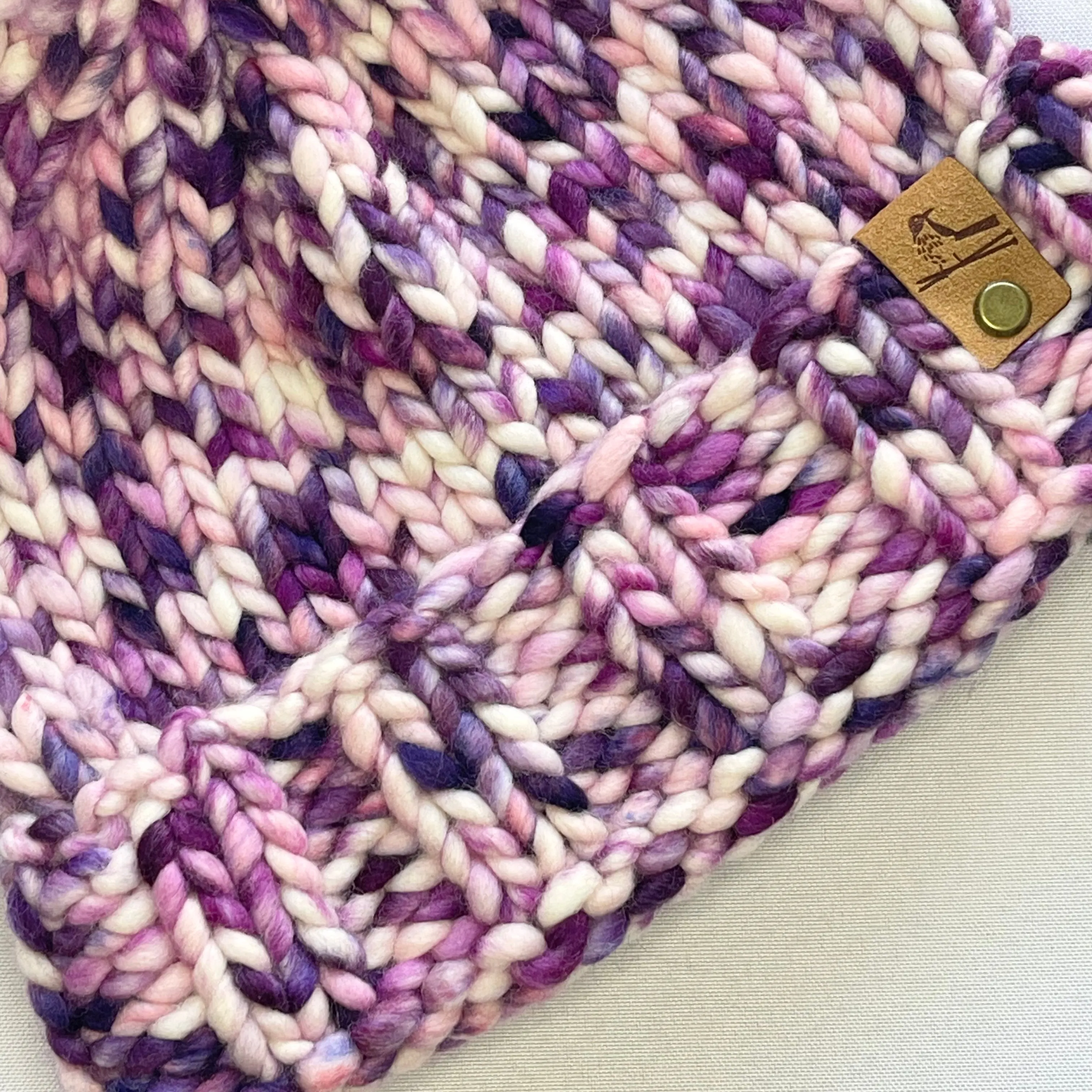 Purple and White Luxury Merino Wool Knit Hat with Matching Merino Wool Pom Pom