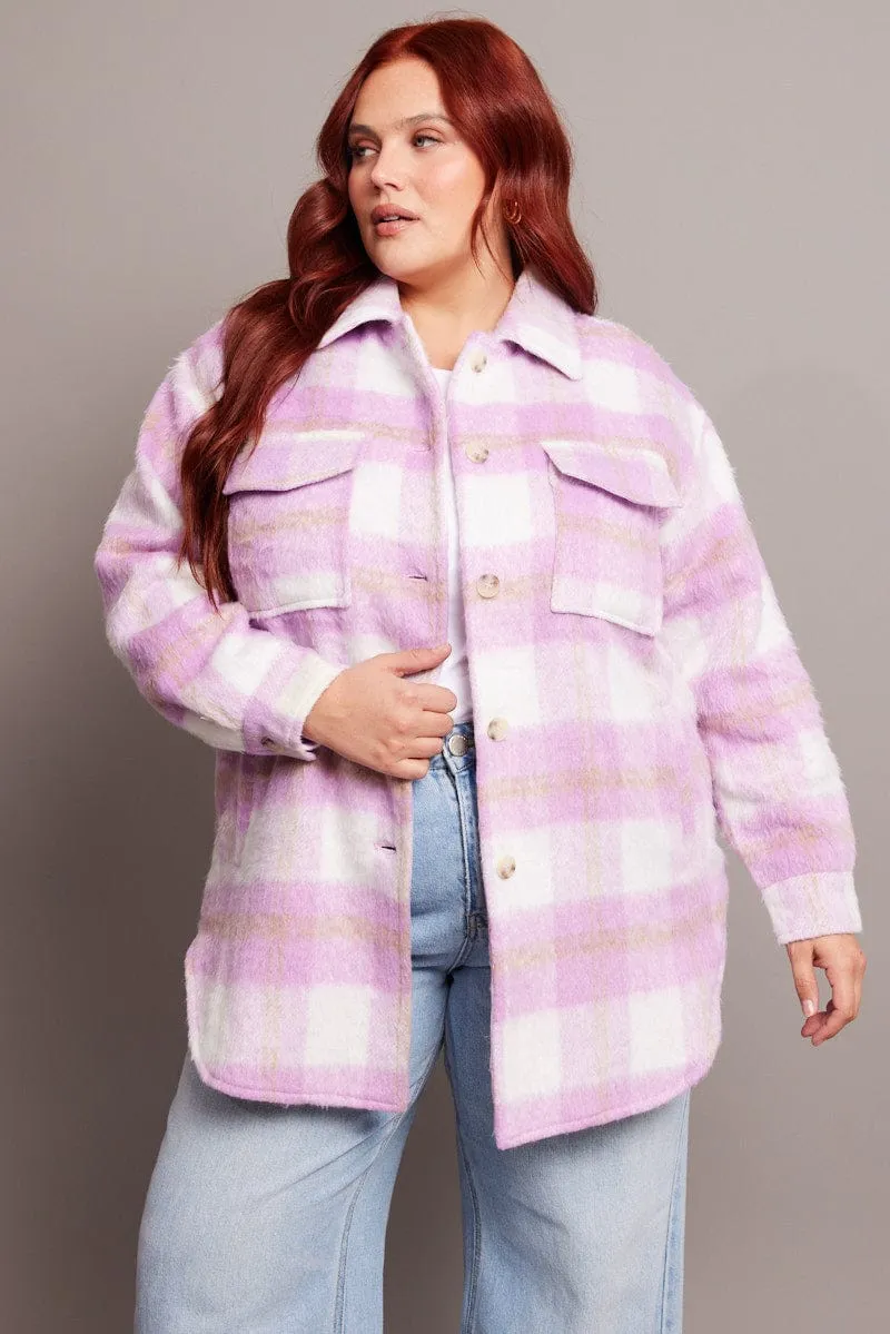 Purple Check Check Shacket Long Sleeve