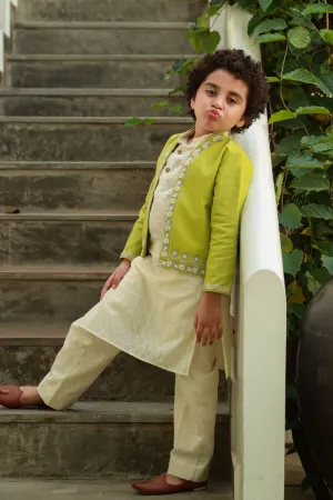 Raabta - Embroidered Jacket, Organic Cotton Dobby Kurta Trouser Set For Boys