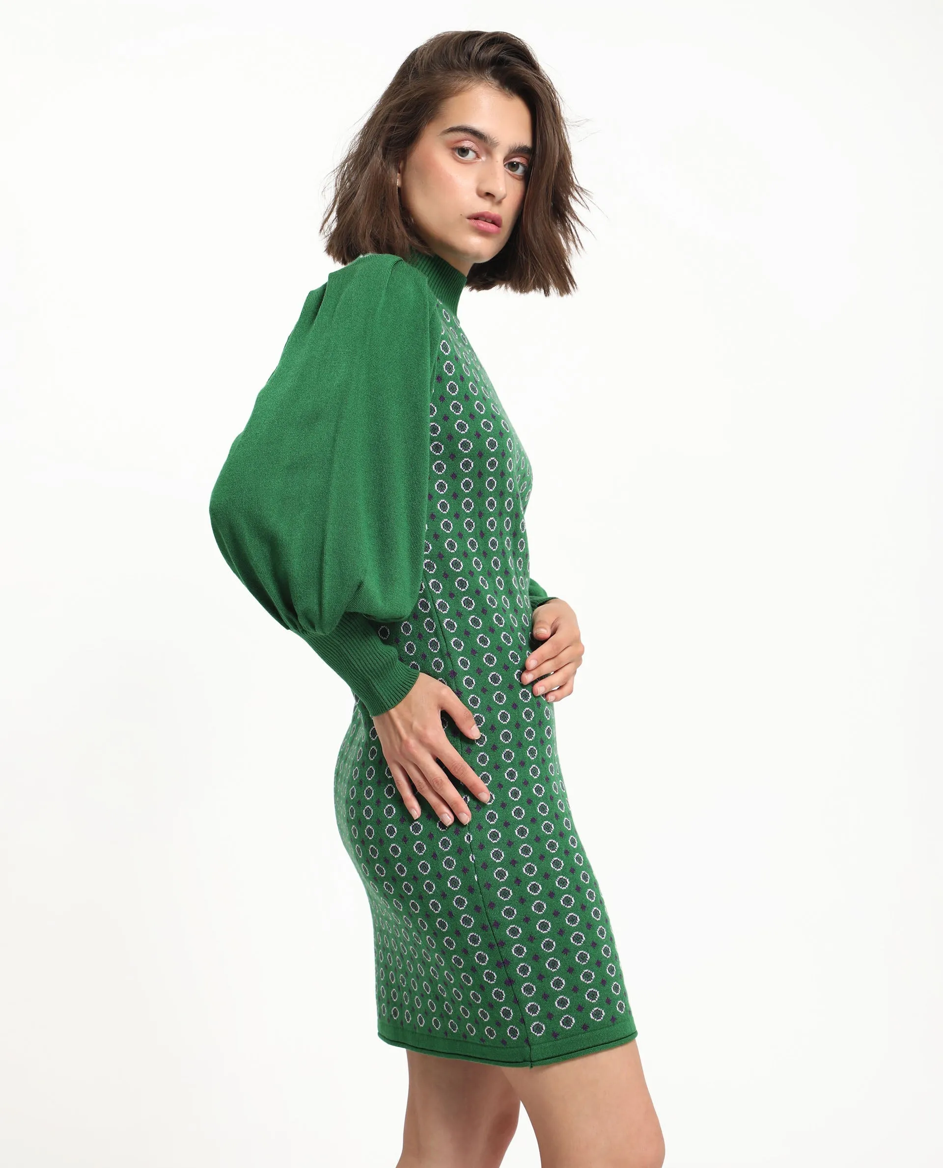 Rareism Women Web 2 Green Acrylic Fabric Full Sleeves High Neck Bishop Sleeve Regular Fit Geometric Print Knee Length Sweater