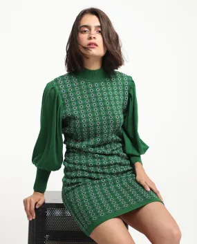 Rareism Women Web 2 Green Acrylic Fabric Full Sleeves High Neck Bishop Sleeve Regular Fit Geometric Print Knee Length Sweater