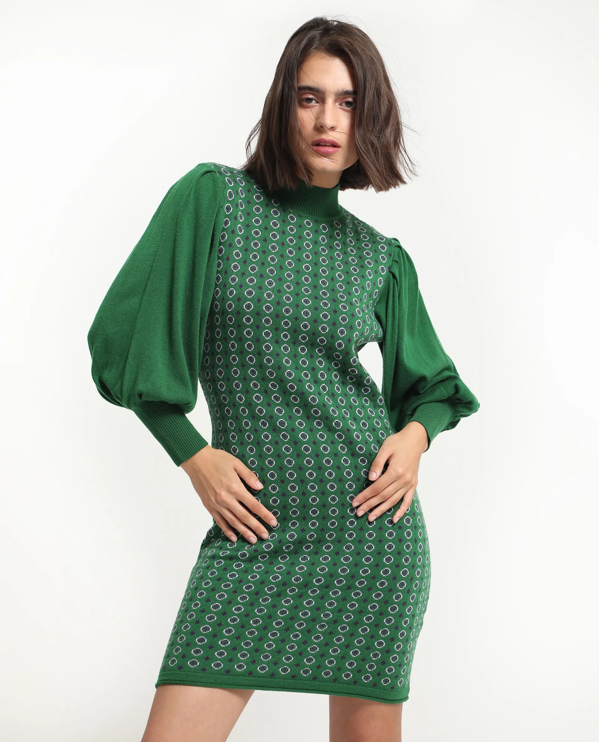 Rareism Women Web 2 Green Acrylic Fabric Full Sleeves High Neck Bishop Sleeve Regular Fit Geometric Print Knee Length Sweater