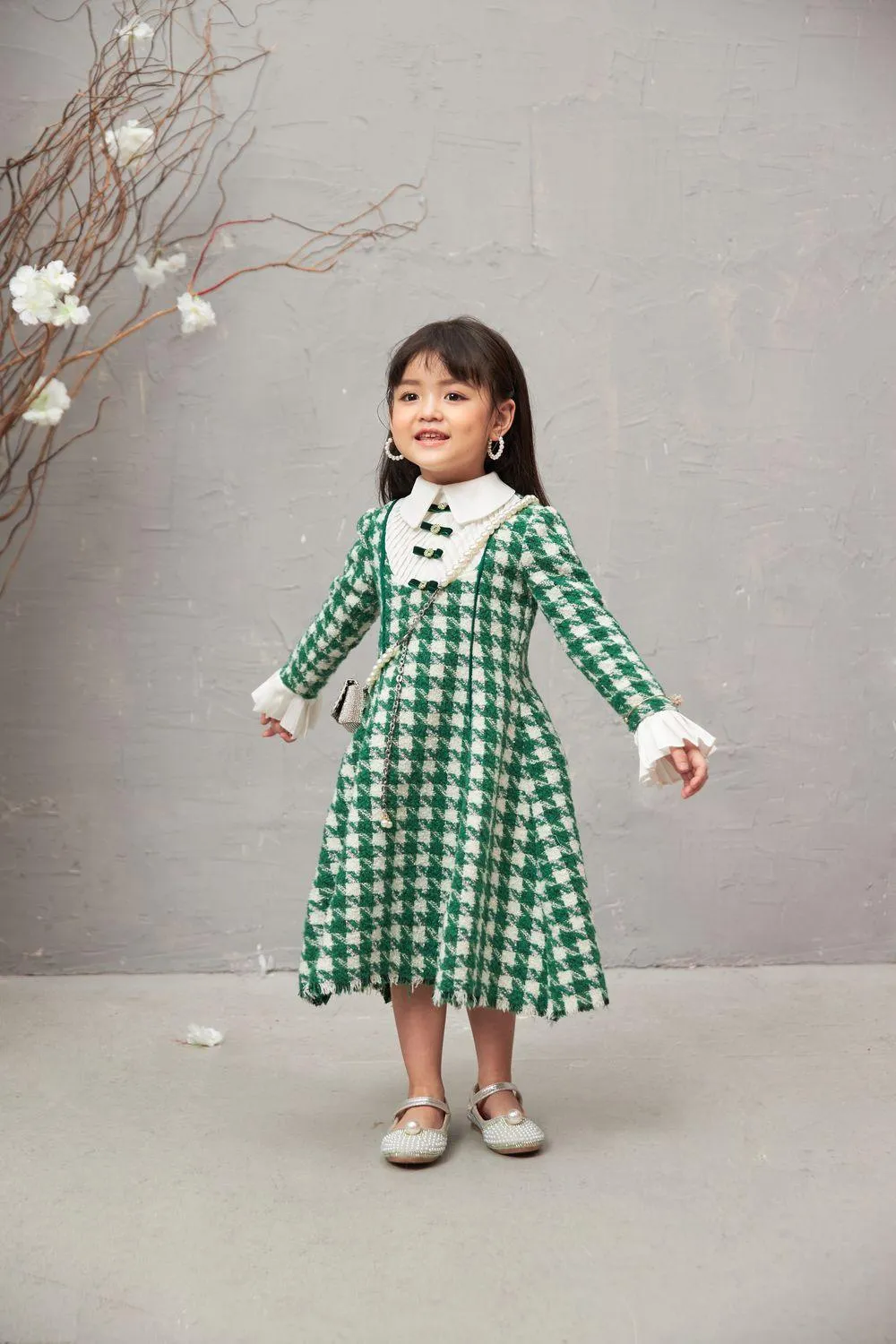 Ratih A-line Collared Neck Tweed Baby Girl Midi Dress