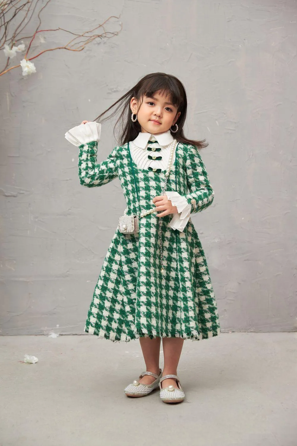 Ratih A-line Collared Neck Tweed Baby Girl Midi Dress