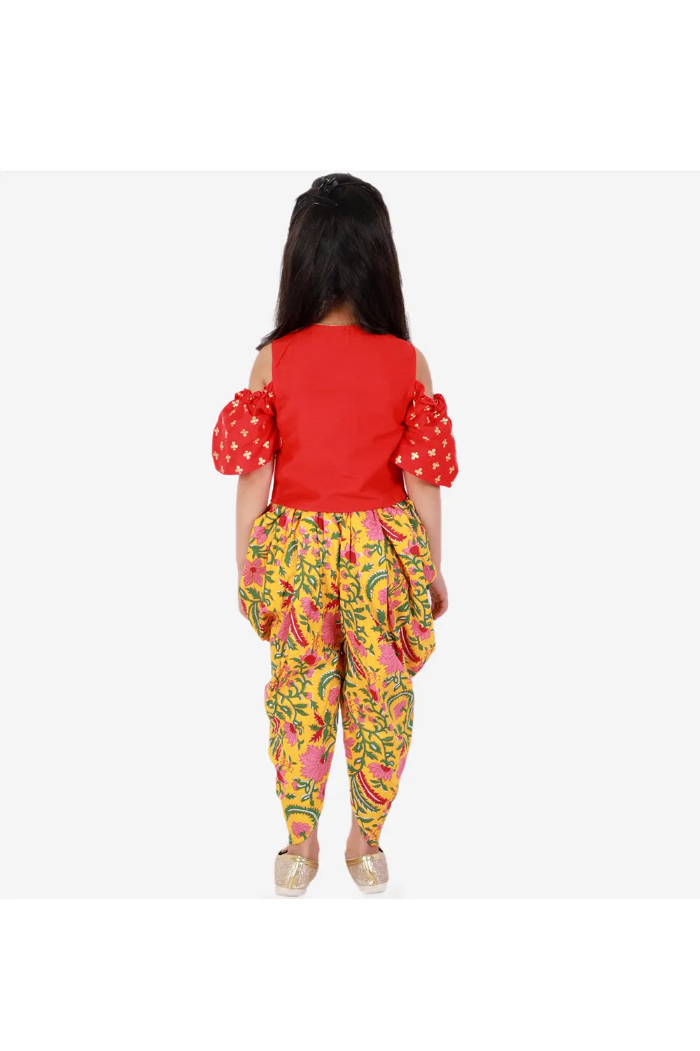 Red Polyester Top With Printed Dhoti Set