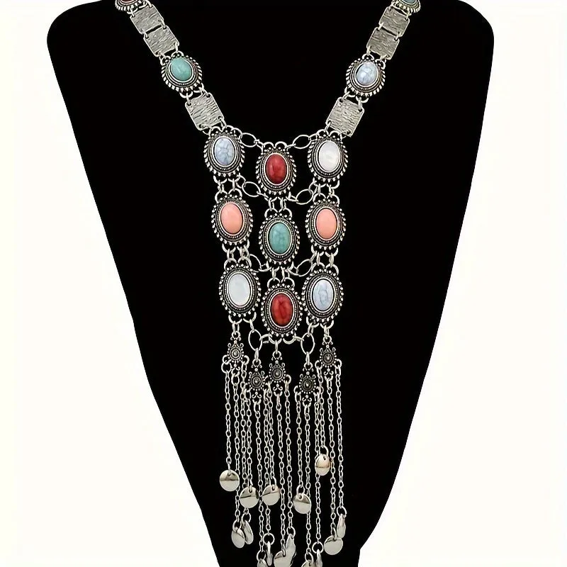 Retro Ethnic Style Long Tassel Sweater Chain Exaggerated Bohemian Turquoise Necklace For Women