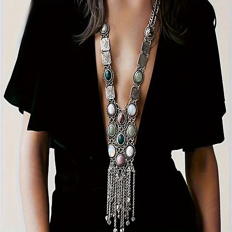 Retro Ethnic Style Long Tassel Sweater Chain Exaggerated Bohemian Turquoise Necklace For Women