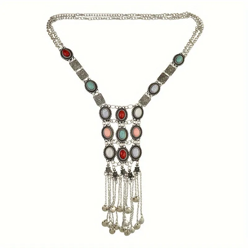 Retro Ethnic Style Long Tassel Sweater Chain Exaggerated Bohemian Turquoise Necklace For Women