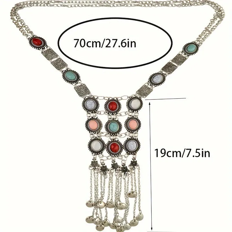 Retro Ethnic Style Long Tassel Sweater Chain Exaggerated Bohemian Turquoise Necklace For Women