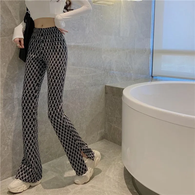 Retro Pattern Flared High Waist Slim Black Pants