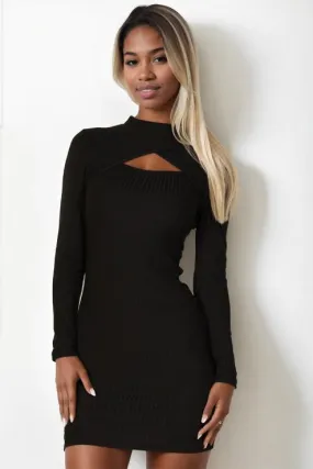 Ribbed Cut Out Front Long Sleeve Bodycon Mini Dress