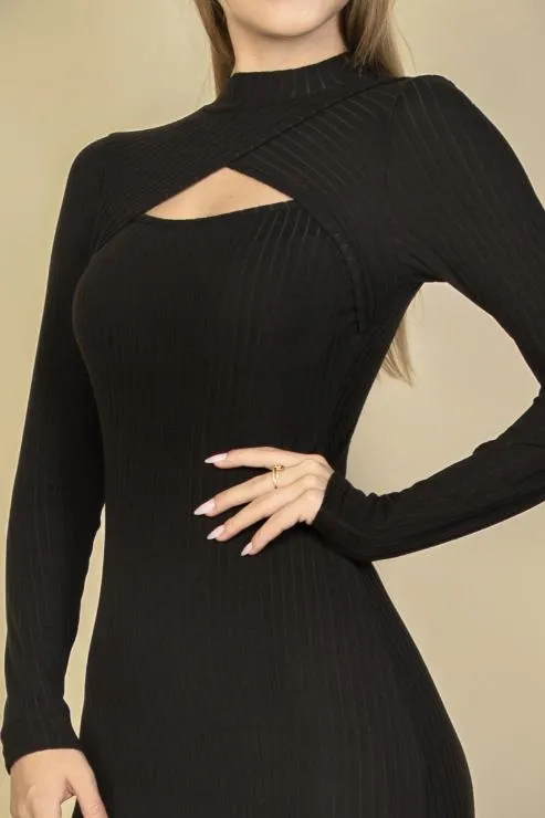 Ribbed Cut Out Front Long Sleeve Bodycon Mini Dress