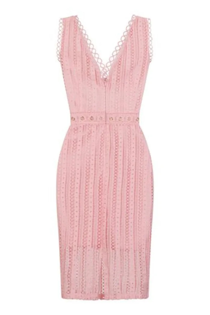 Rio Blush Pink Plunge Crochet Rivet Bodycon Midi Dress