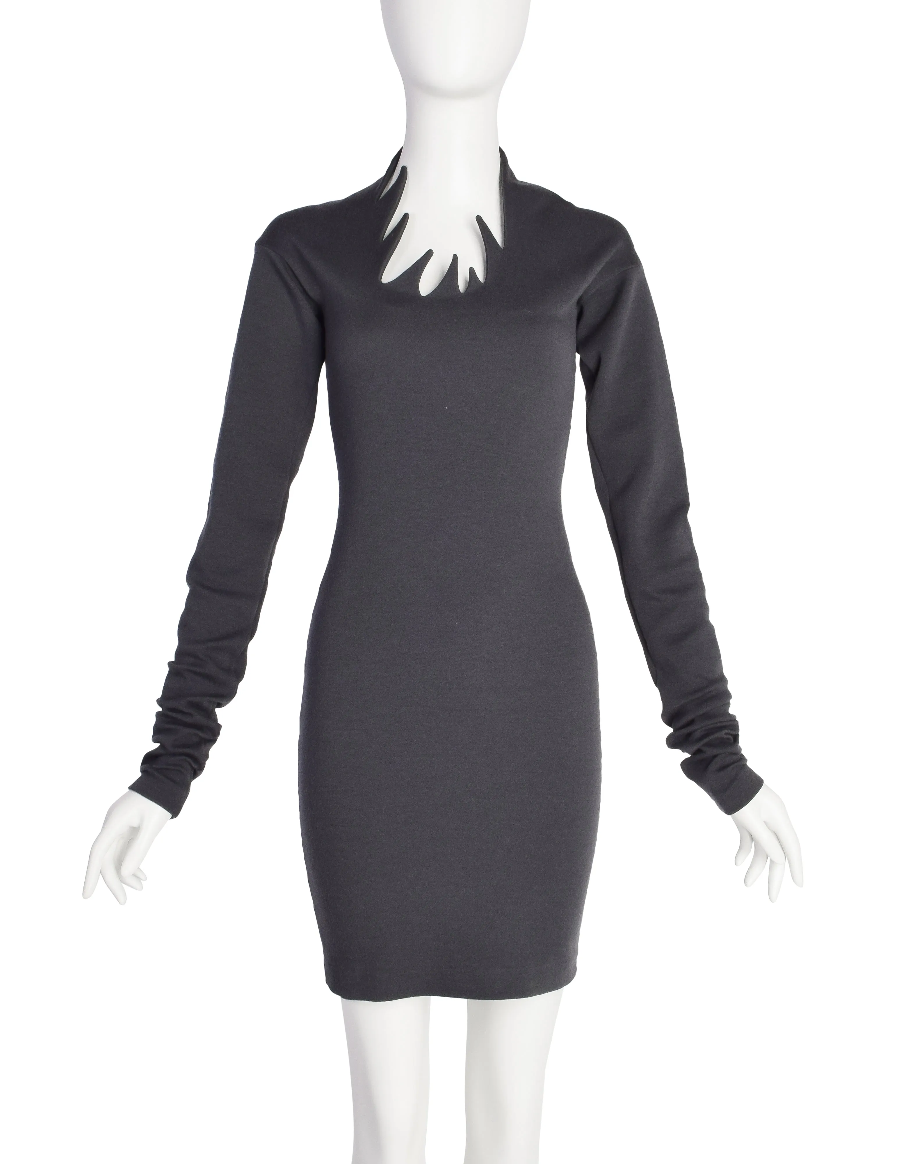 Romeo Gigli Vintage AW 1990 Neck of Flames Grey Bodycon Mini Dress