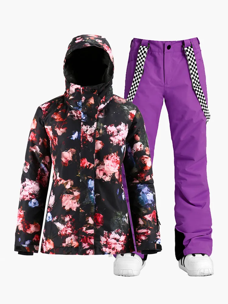 Rose Women Waterproof Colorful Snowboard Jacket Black Pants Sets Ski Suits