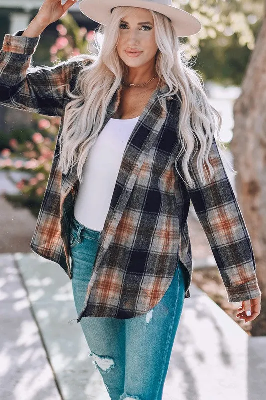 Rounded Hem Plaid Shacket with Slits