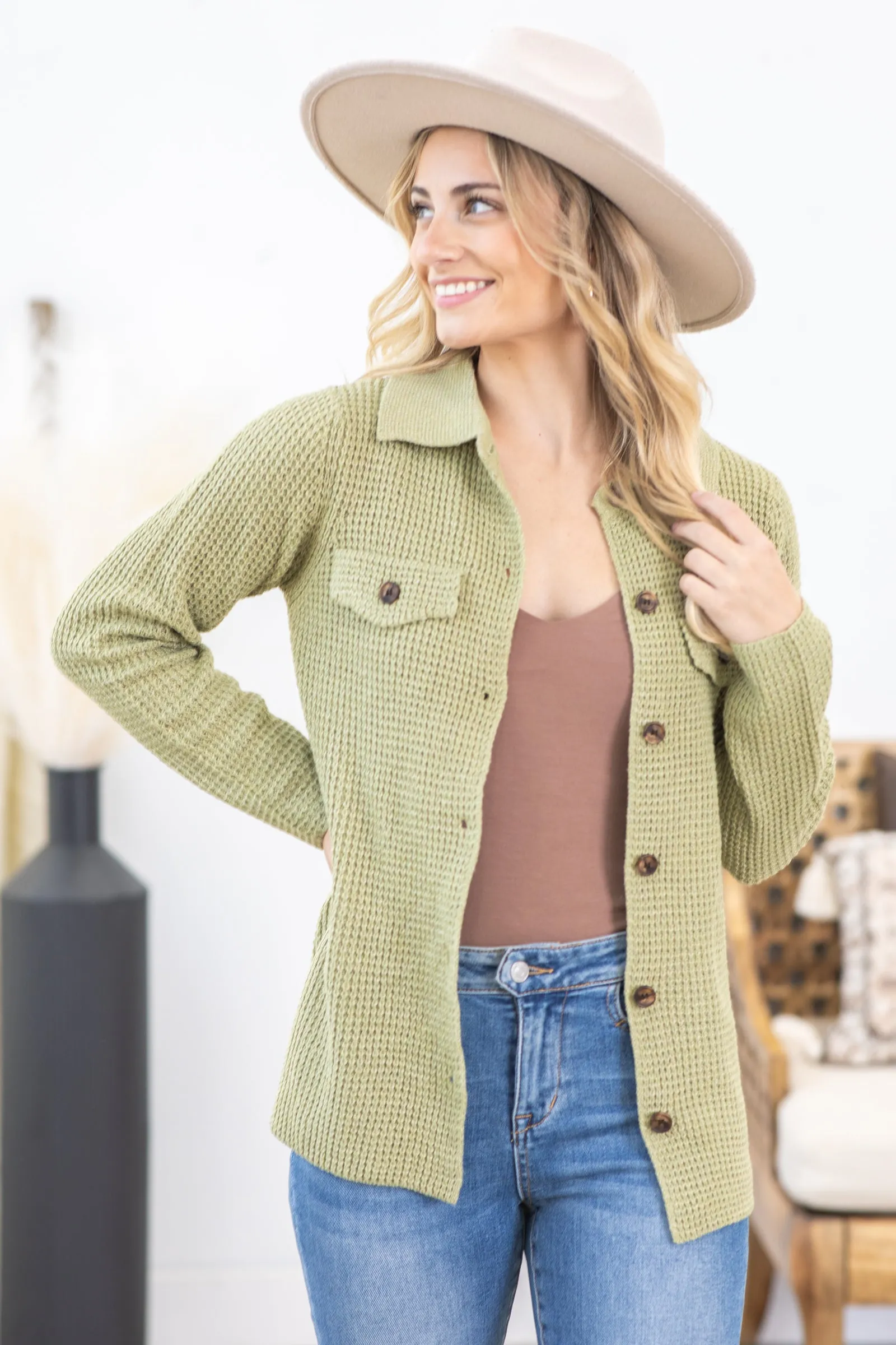 Sage Waffle Knit Shacket