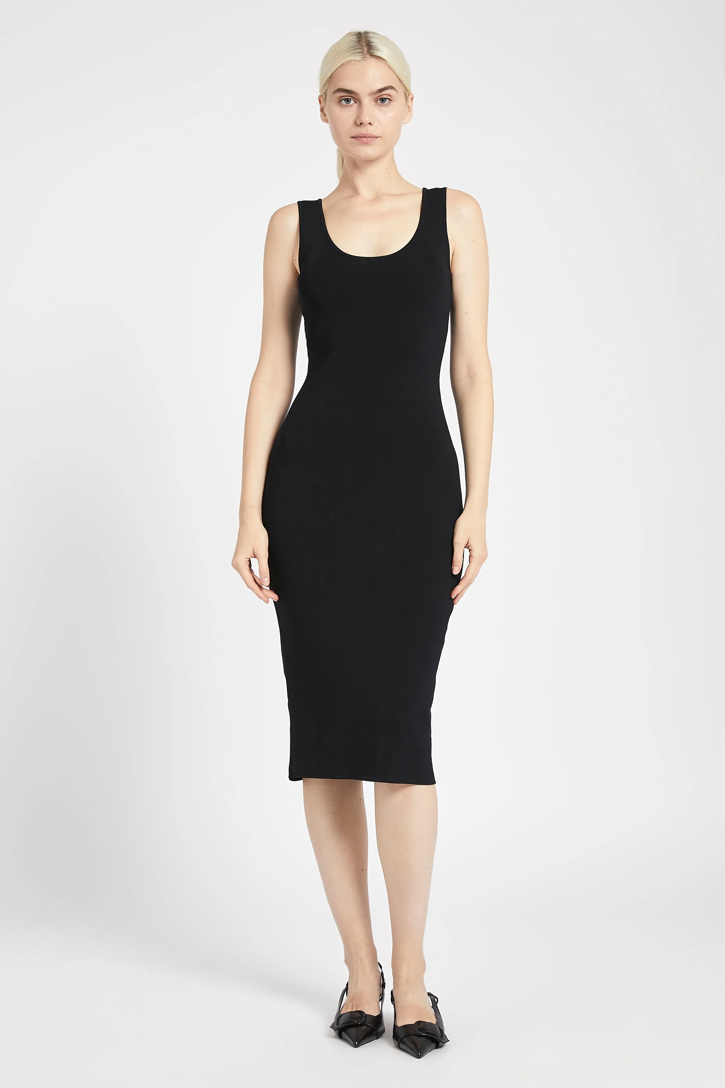 Scoop Neck Knit Midi Dress - Black