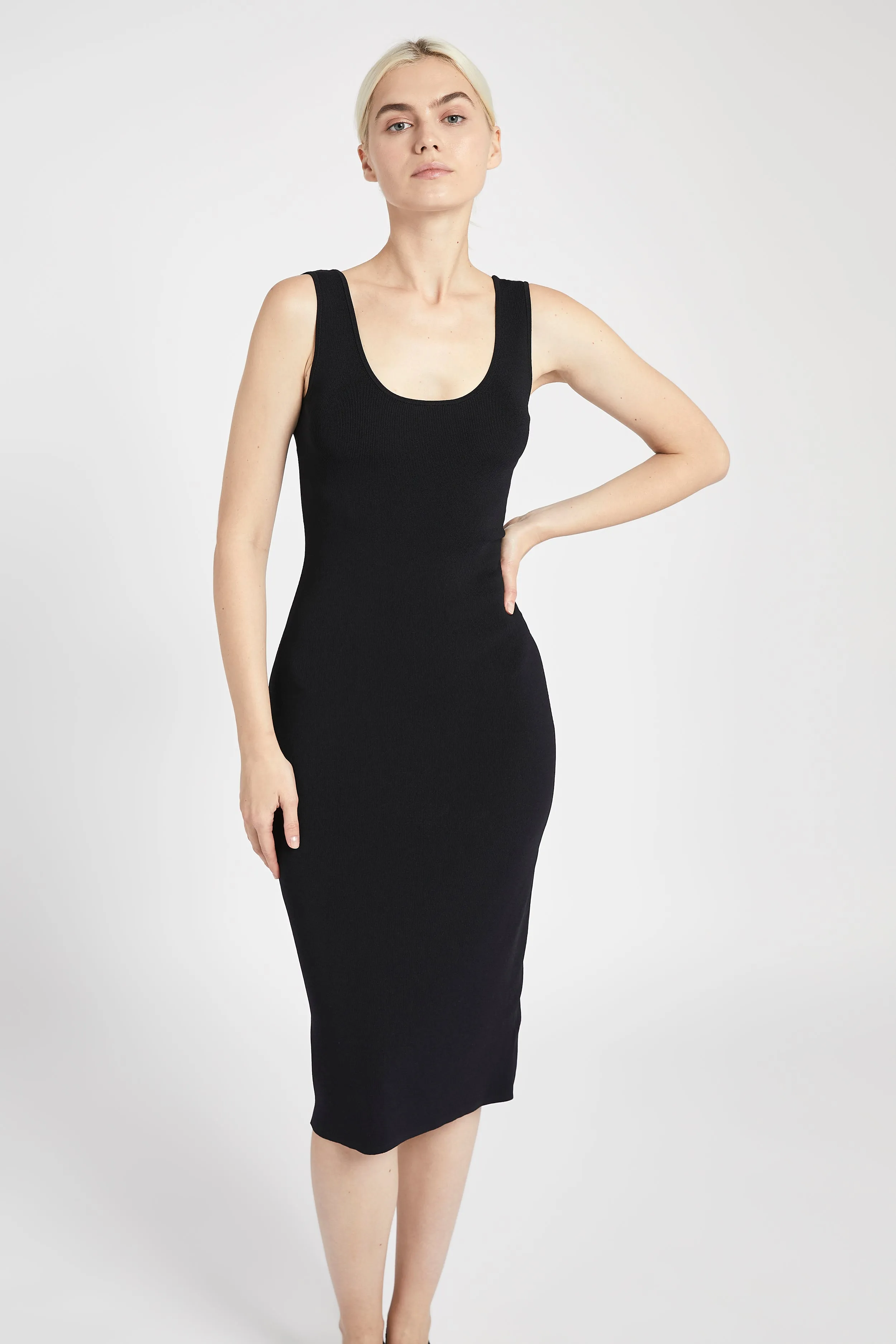 Scoop Neck Knit Midi Dress - Black