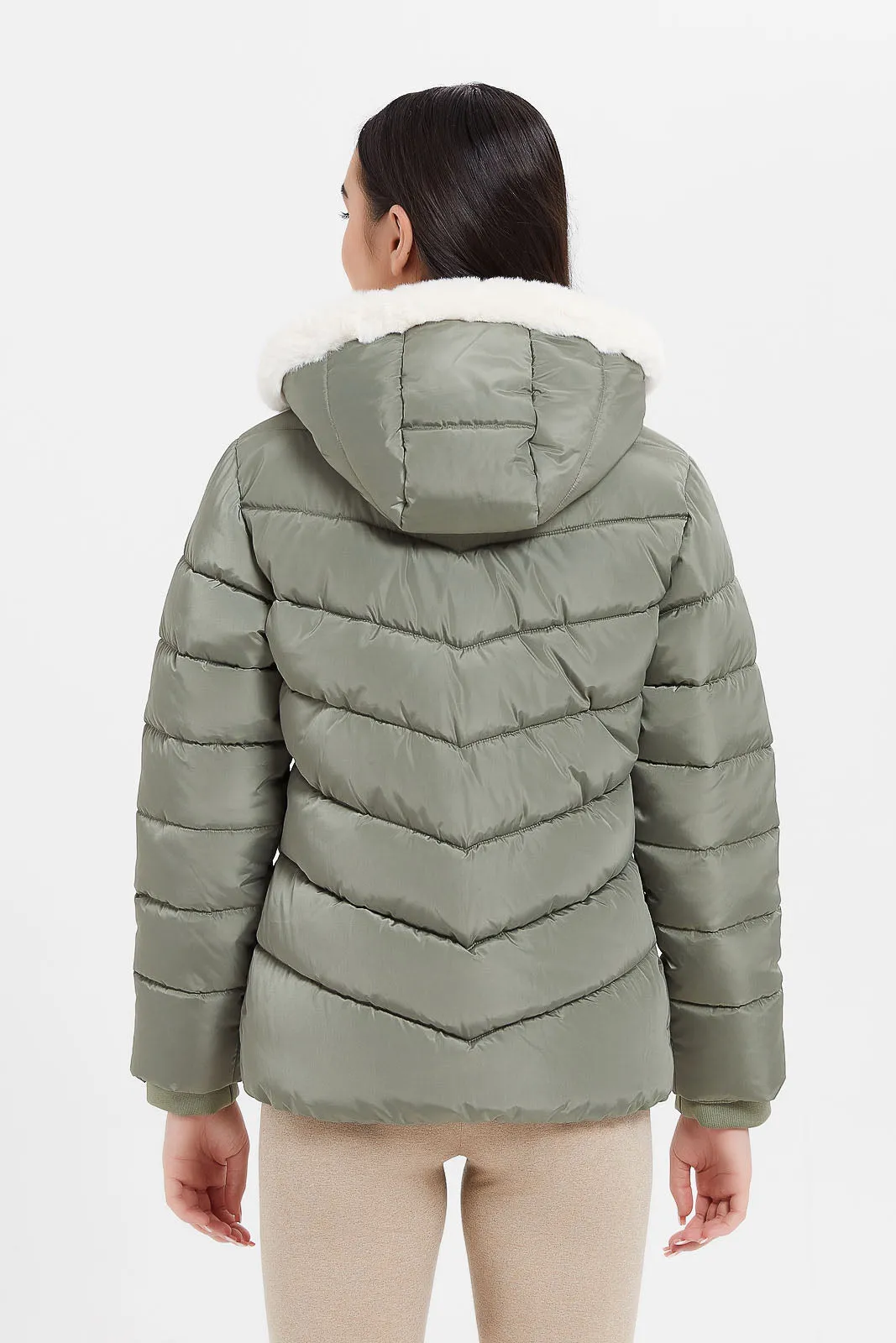 Senior Girls Olive Padded Jacket With Hoody Fur