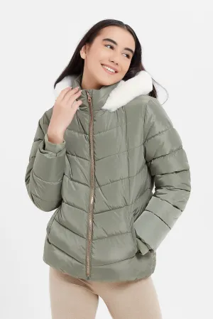 Senior Girls Olive Padded Jacket With Hoody Fur