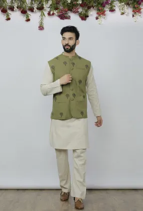 Set of 3 - Safeda Cotton Kurta & Pyjama with Olive Green Nehru Jacket