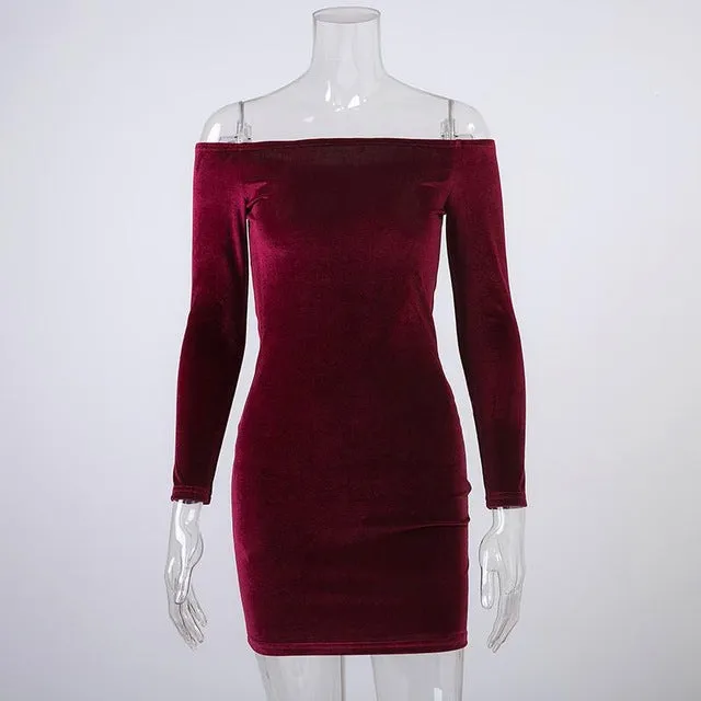 Sexy Off Shoulder Wine Red Sheath Velvet Dress Women Winter Party Long Sleeve 2016 Elegant Pencil Bodycon Ladies Dress Vestidos