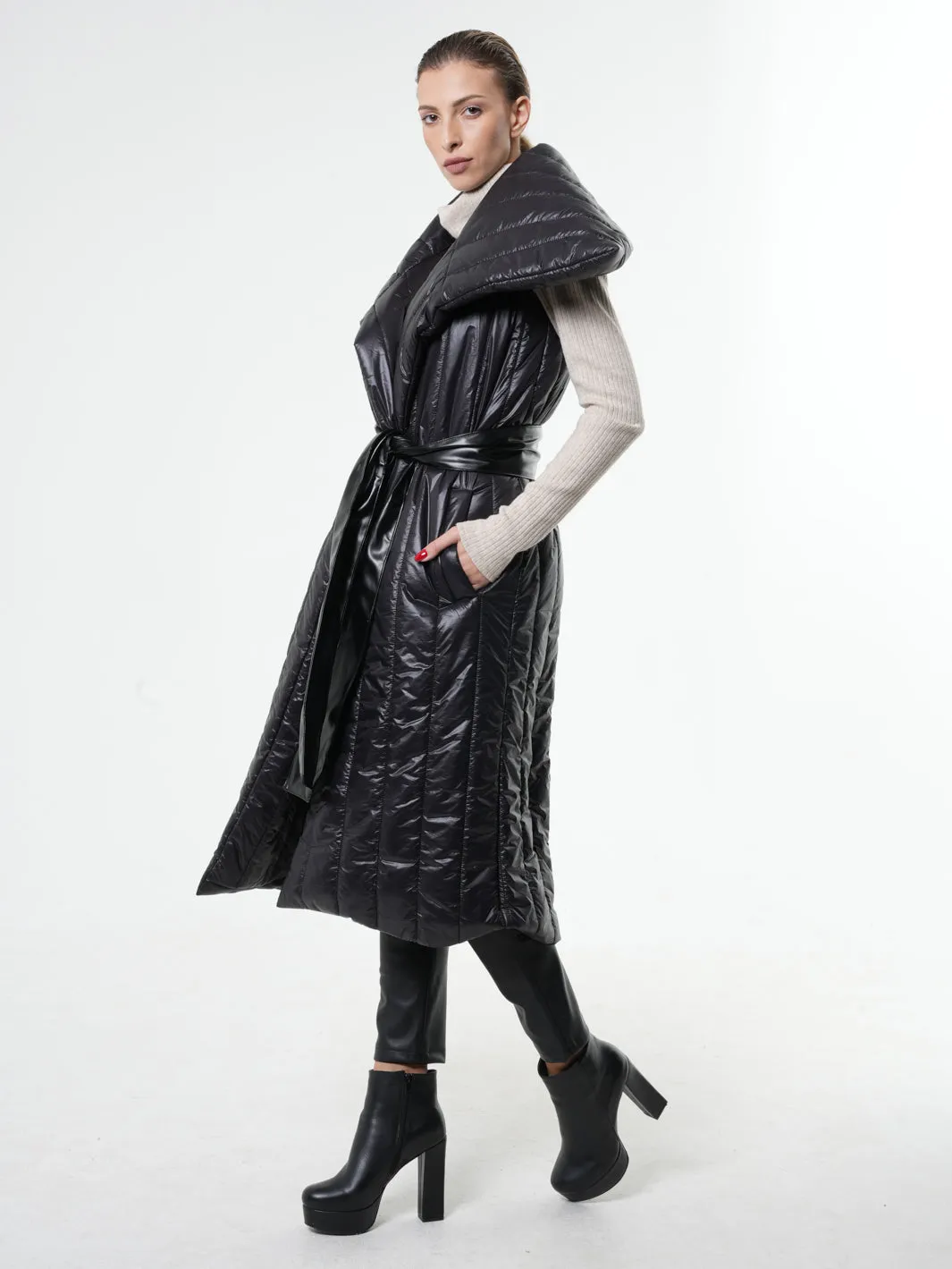 Shiny Black Long Puffer Vest