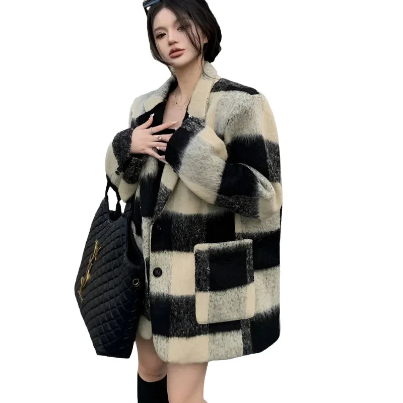 Short Plaid Wool Blazer Coat