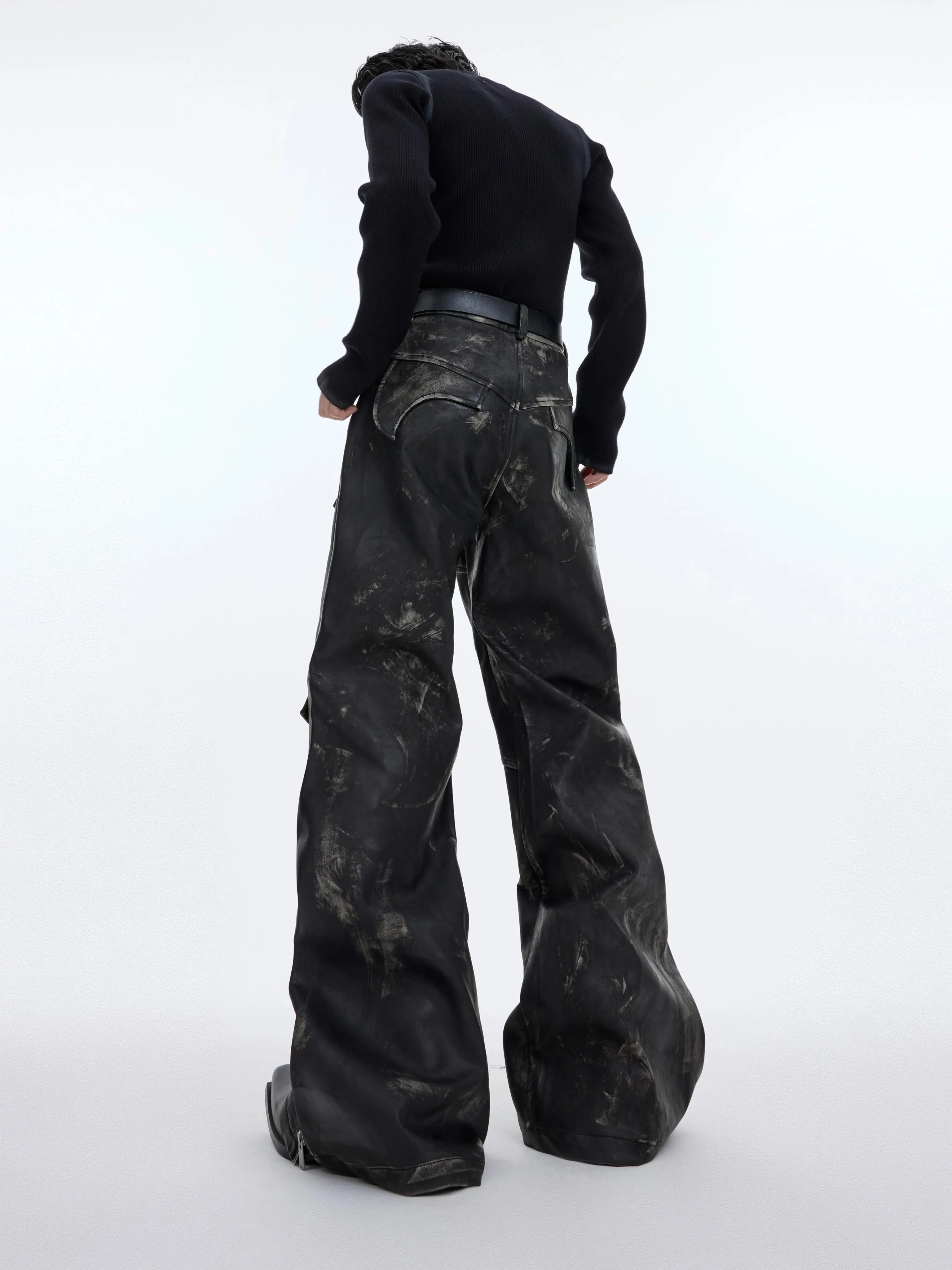 Smudges Detail Wide Leather Pants