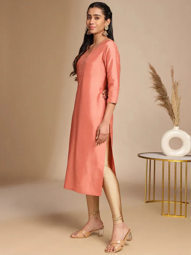 Solid Peach Crepe Silk Straight Shape Kurta