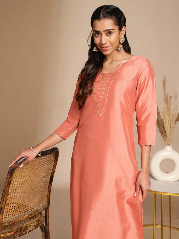 Solid Peach Crepe Silk Straight Shape Kurta