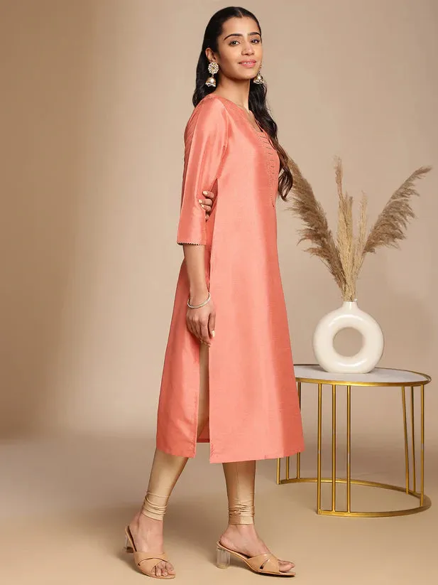 Solid Peach Crepe Silk Straight Shape Kurta