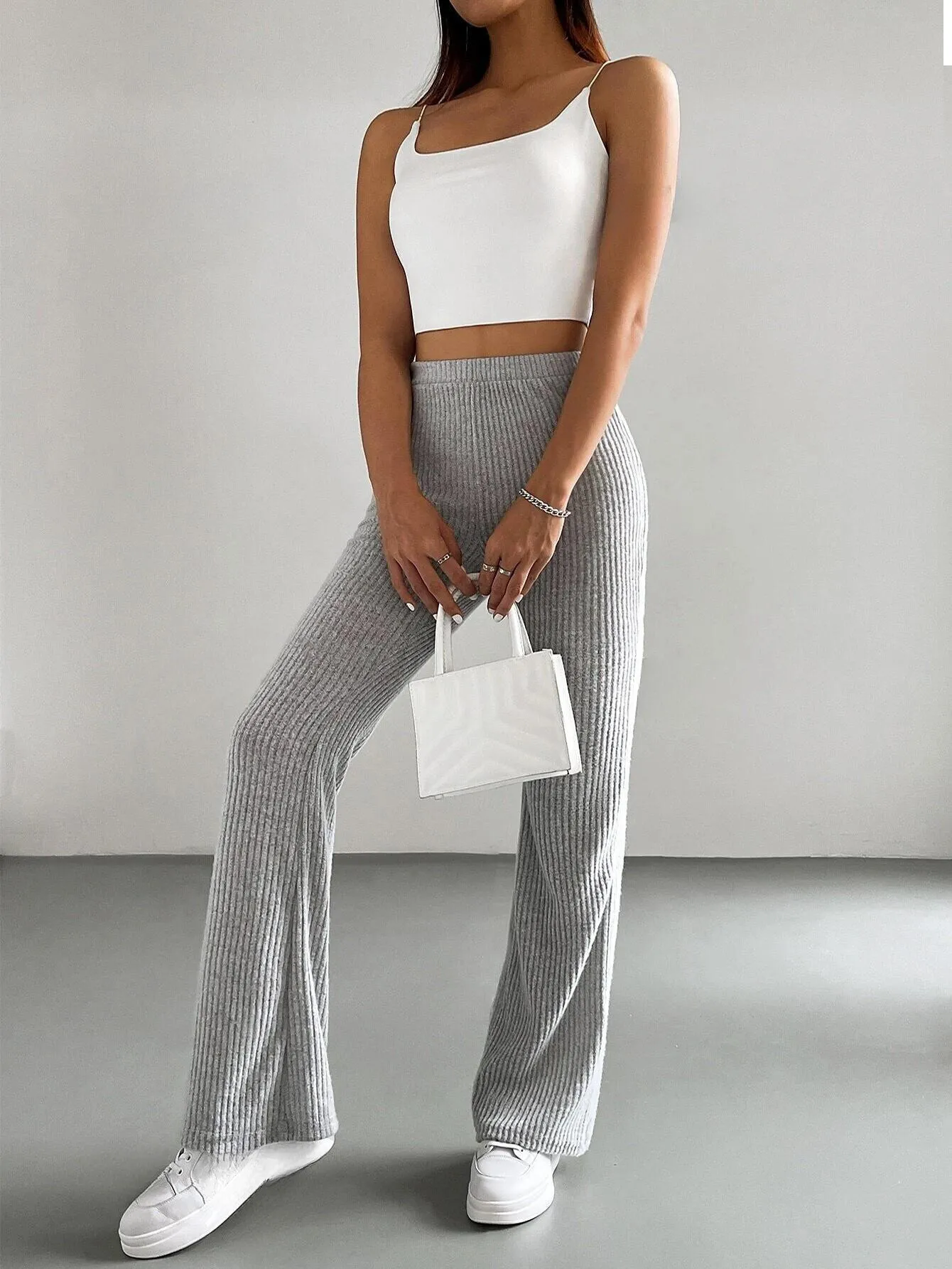 SOLID RIBBED FLARED-LEG PANT