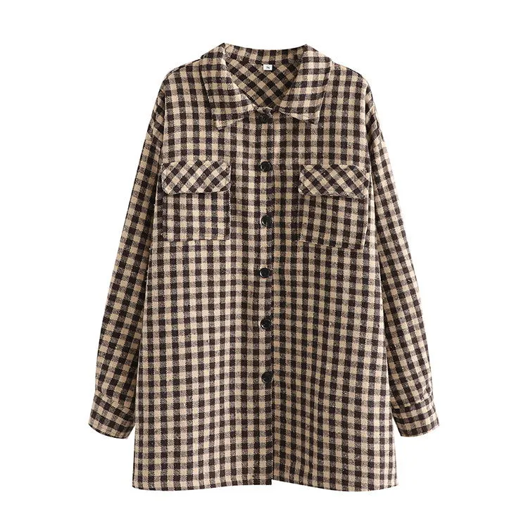 Spring Fashionable Brushed Collared Pocket Decorative Loose Plaid Coat Shacket