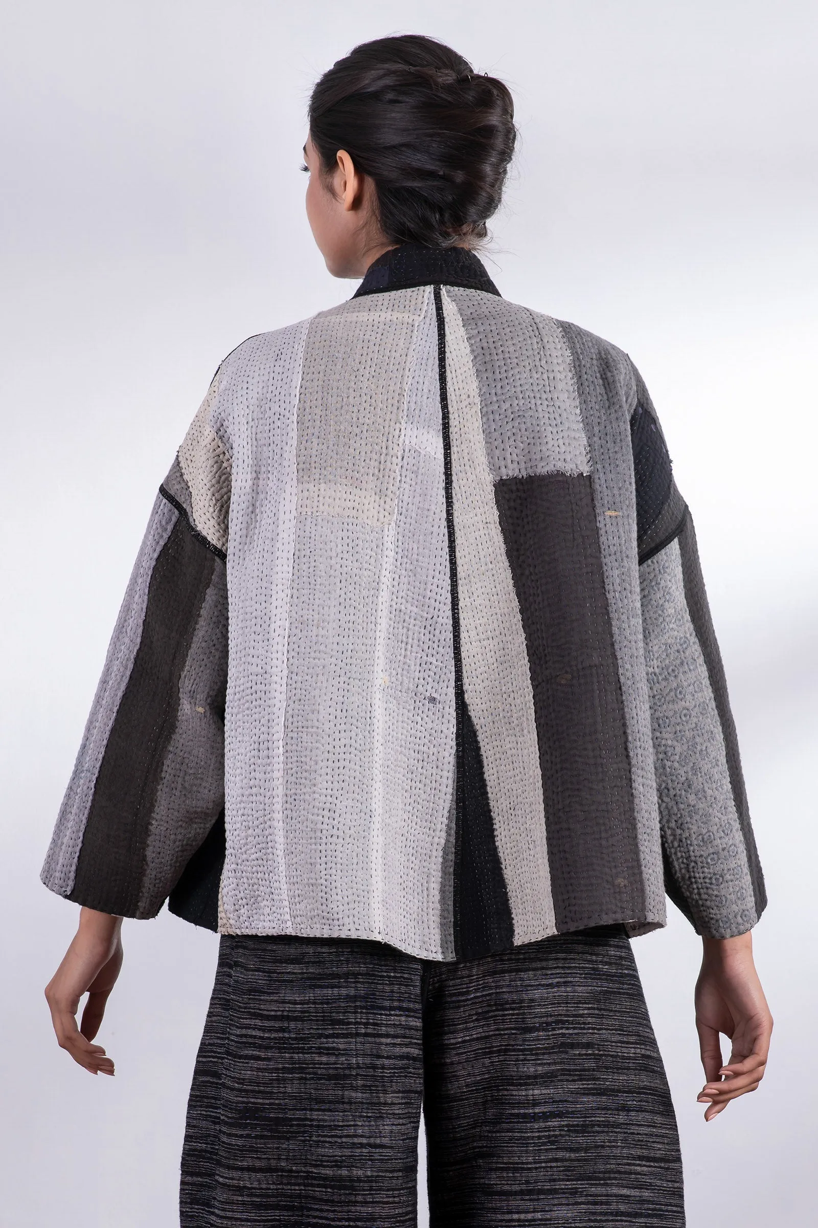 STRIPE AND CHECK COTTON SILK PATCH KANTHA  STAND COLLAR CROPPED JACKET