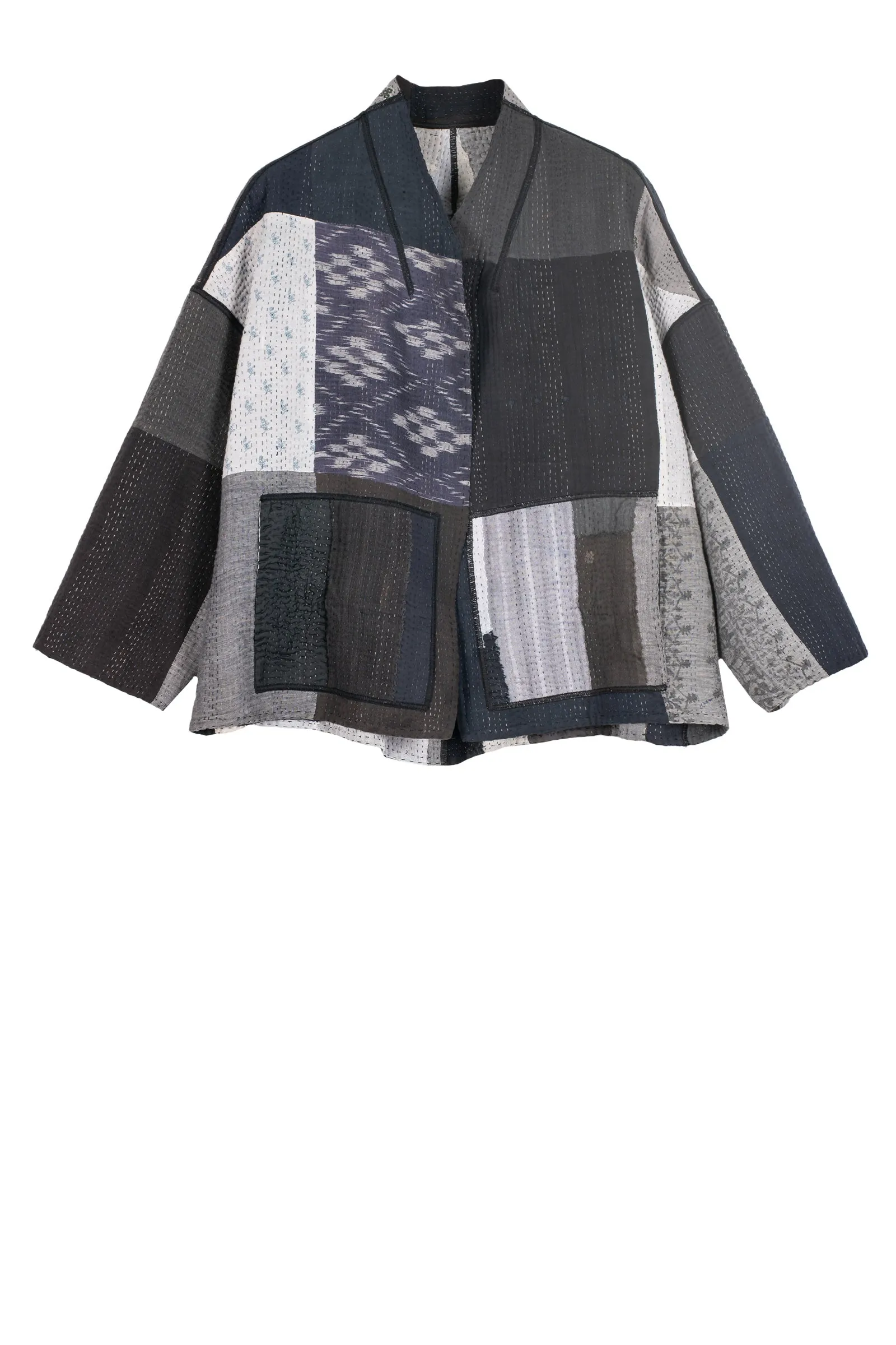 STRIPE AND CHECK COTTON SILK PATCH KANTHA  STAND COLLAR CROPPED JACKET