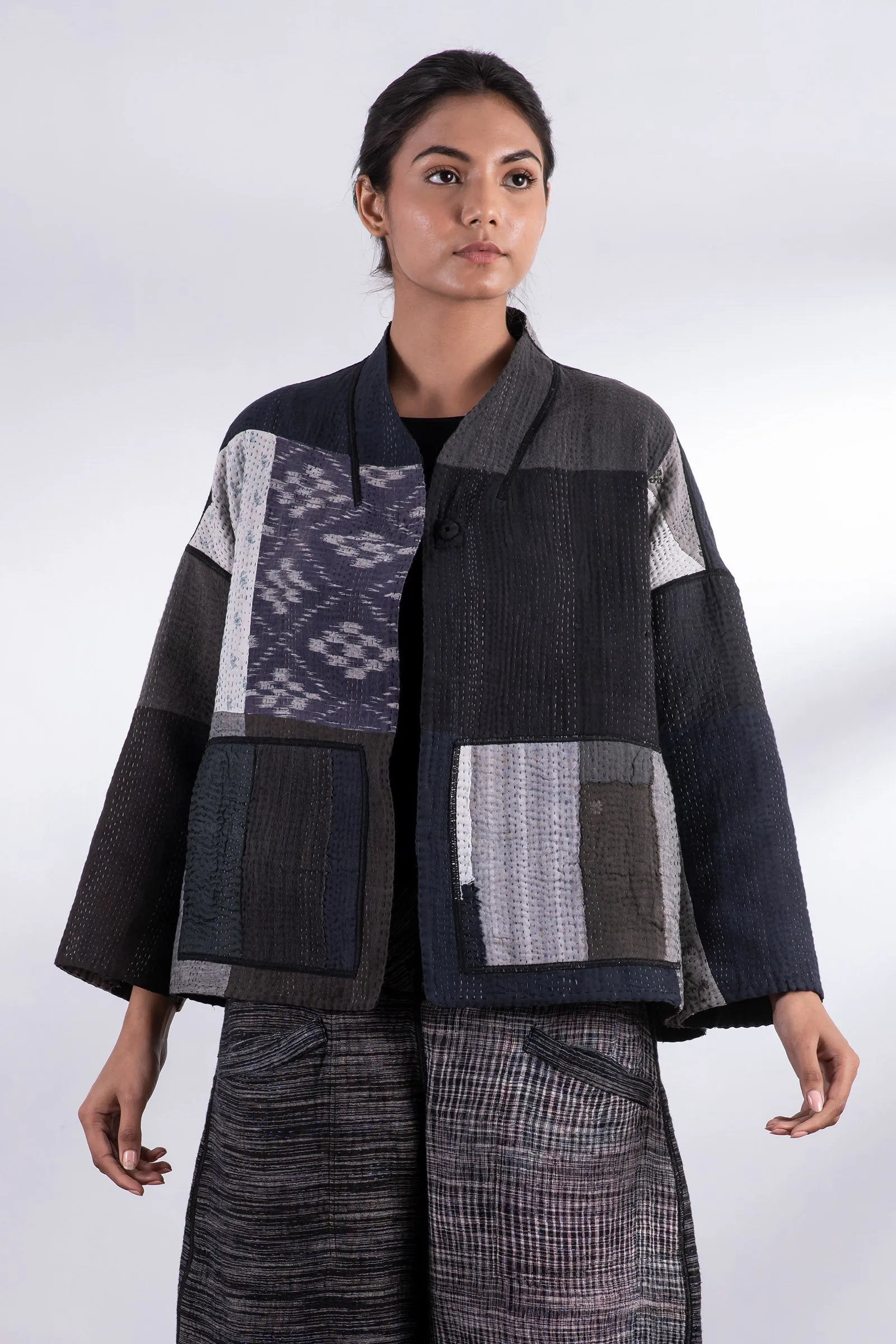 STRIPE AND CHECK COTTON SILK PATCH KANTHA  STAND COLLAR CROPPED JACKET