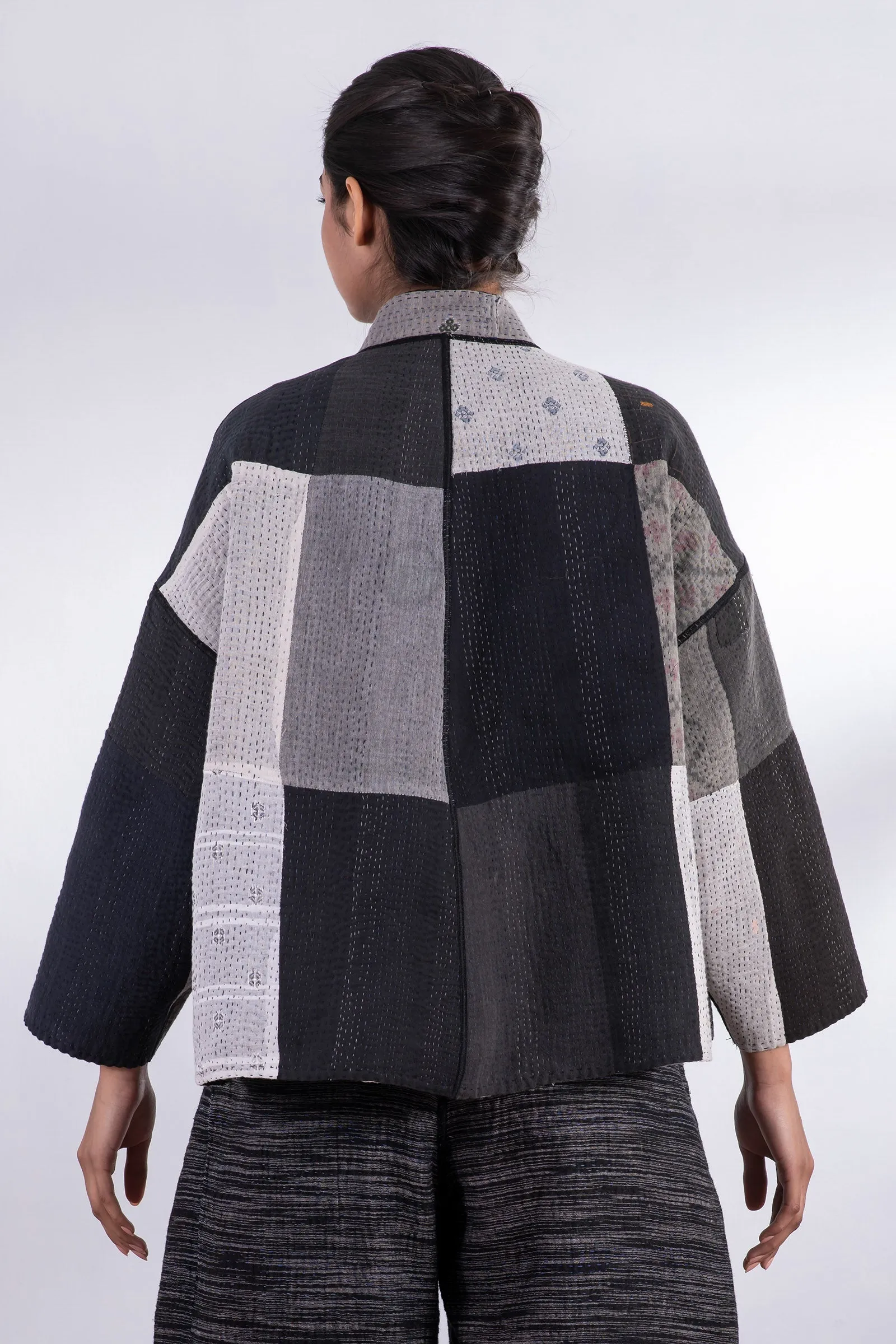 STRIPE AND CHECK COTTON SILK PATCH KANTHA  STAND COLLAR CROPPED JACKET