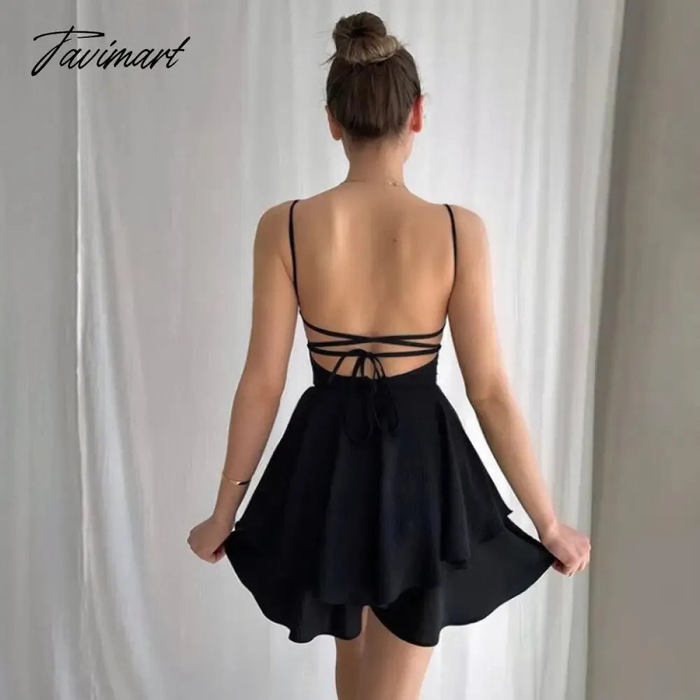 Tavimart Sexy Backless Bandage Mini Dress for Women Elegant Spaghetti Strap Party Dresses Fashion Summer Bodycon Beach Ruffle Dress