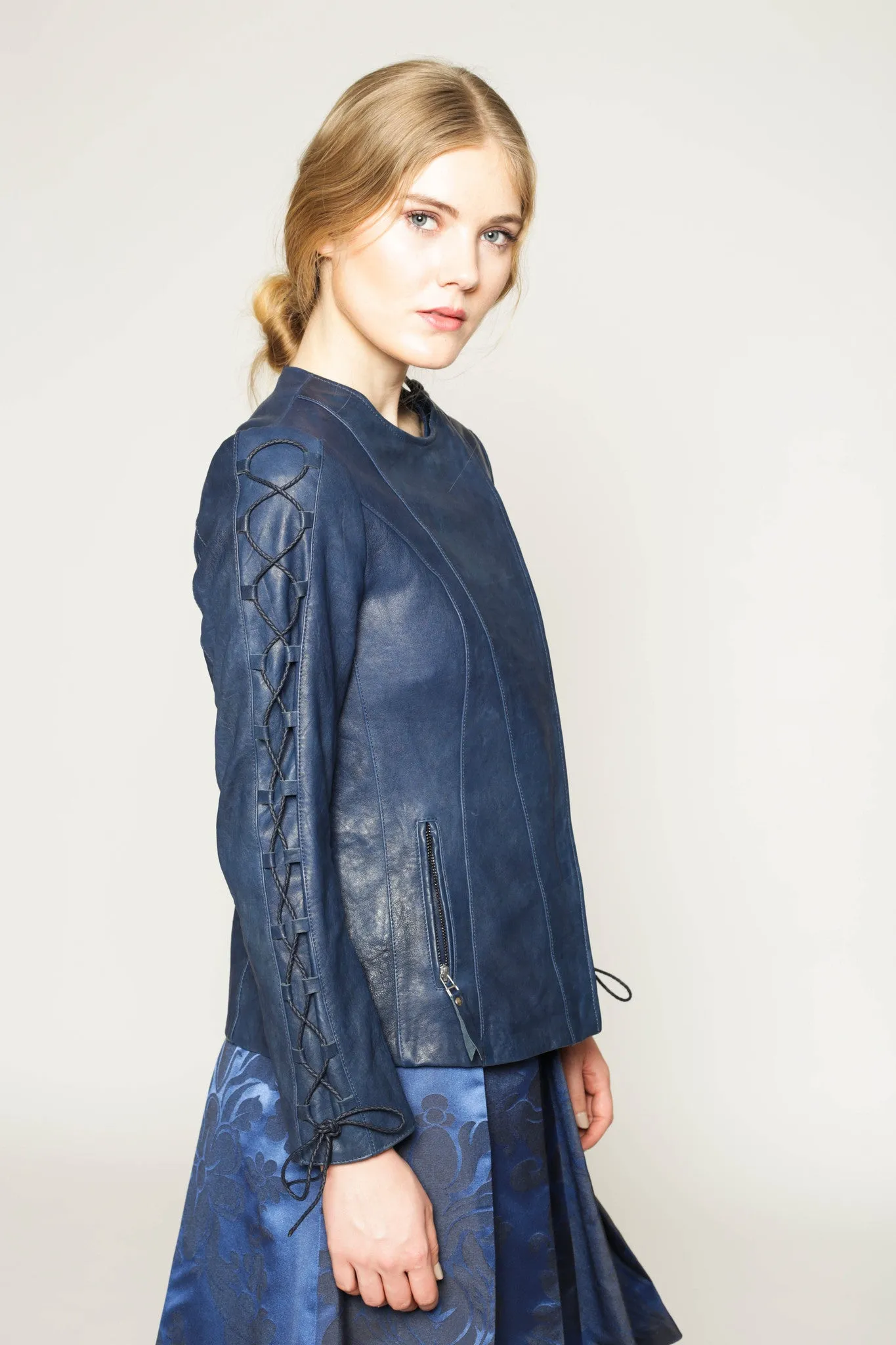 Vegetable dyed leather jacket with lace-up sleeves